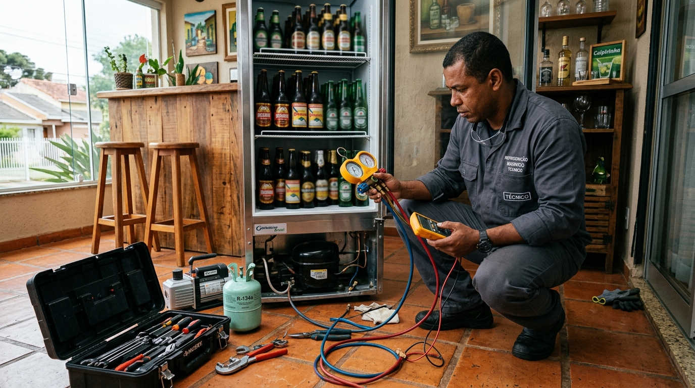 Técnico realizando manutenção de motor de cervejeira em Guarapari‑ES