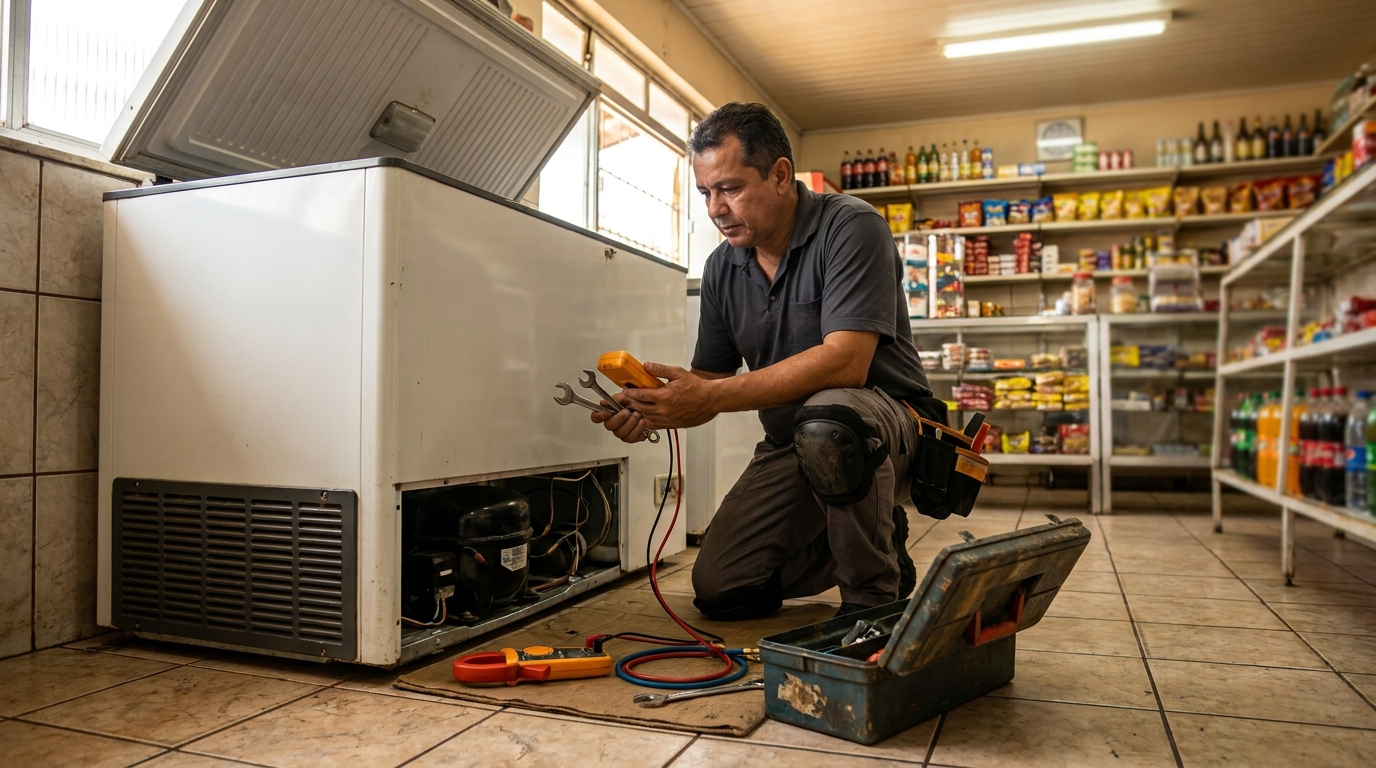 Técnico realizando manutenção de motor de freezer em Guarapari‑ES