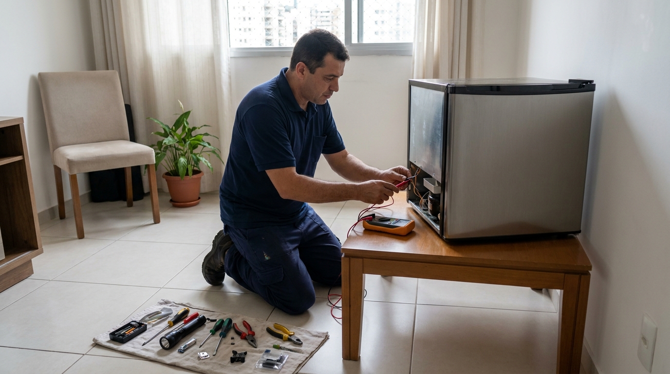 Técnico realizando manutenção de motor de frigobar em Guarapari‑ES