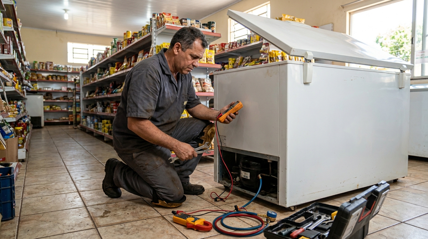 Troca de termostato de freezer em atendimento técnico em Guarapari‑ES